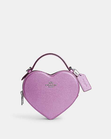 COACH®,HEART CROSSBODY,Leather,Silver/Metallic Lilac,Front View
