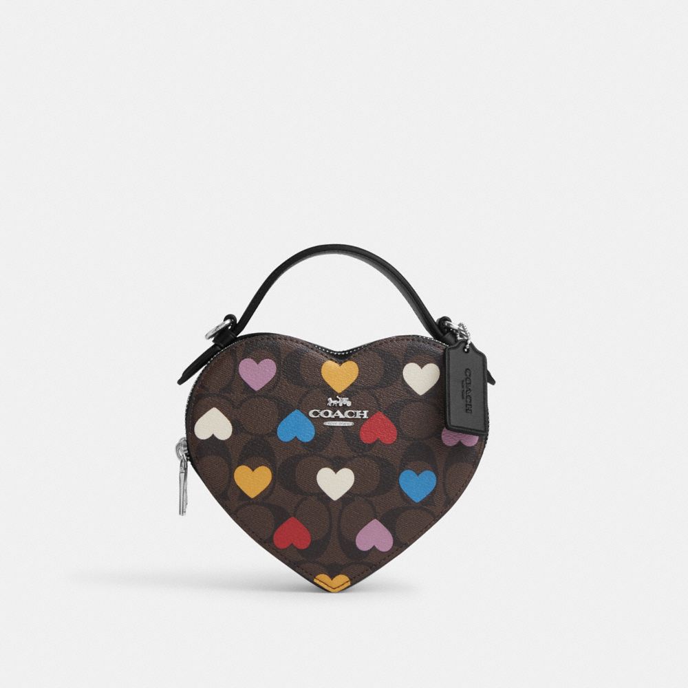 COACH®,HEART CROSSBODY IN SIGNATURE CANVAS WITH HEART PRINT,Signature Canvas,Small,Silver/Brown Black Multi,Front View