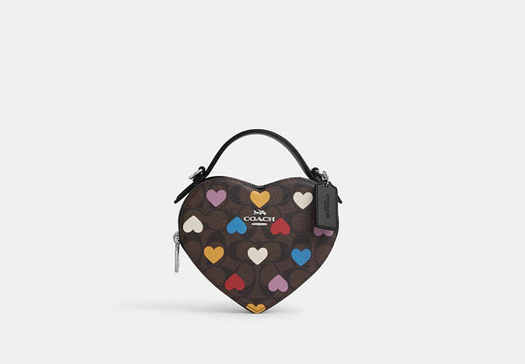 COACH®,HEART CROSSBODY IN SIGNATURE CANVAS WITH HEART PRINT,pvc,Small,Silver/Brown Black Multi,Front View