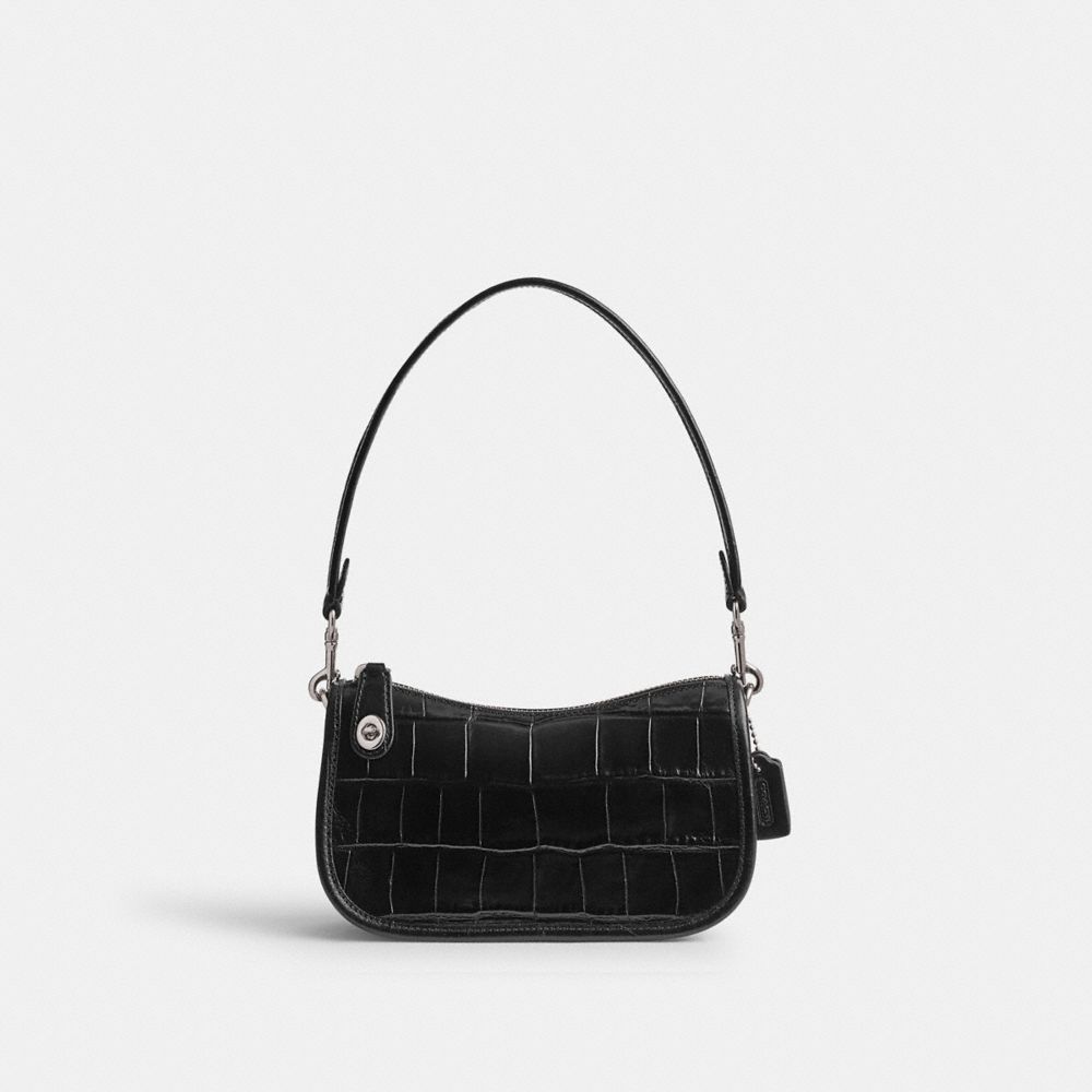 COACH®,SWINGER 20,cuir façon croco,Argent/Noir,Front View