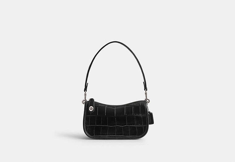 COACH®,SWINGER 20,croc embossed leather,Small,Silver/Black,Front View