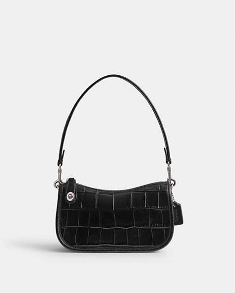 COACH®,SWINGER 20,croc embossed leather,Silver/Black,Front View