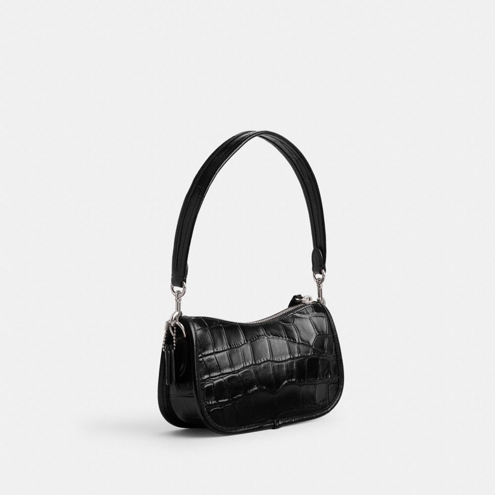 COACH®,SWINGER 20,cuir façon croco,Argent/Noir,Angle View