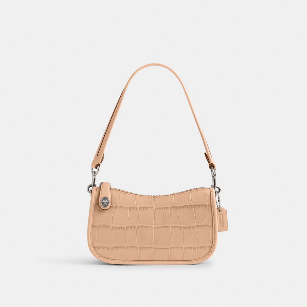 COACH®,SWINGER 20,cuir façon croco,Argent/Chamois,Front View