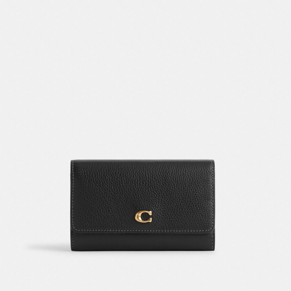 COACH®,ESSENTIAL MEDIUM FLAP WALLET,Polished Pebble Leather,Mini,Brass/Black,Front View