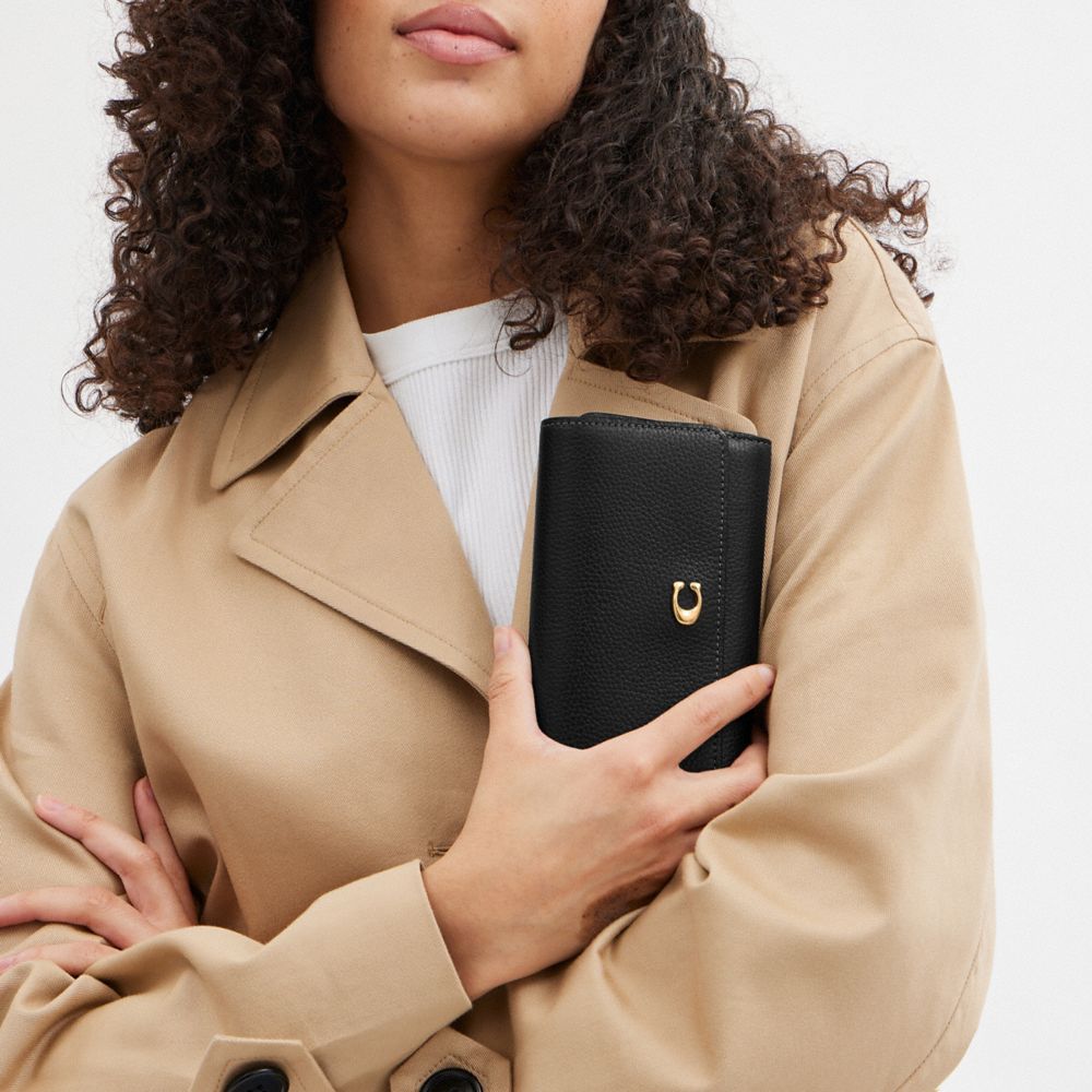 COACH®,Essential Medium Flap Wallet,Leather,Tri Fold,Metal,Logo,Casual,Black,Detail View