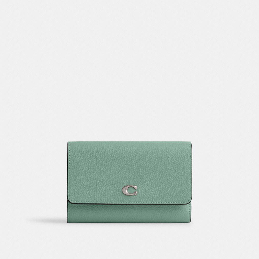 COACH®,ESSENTIAL MEDIUM FLAP WALLET,Polished Pebble Leather,Mini,Lh/Aquamarine,Front View