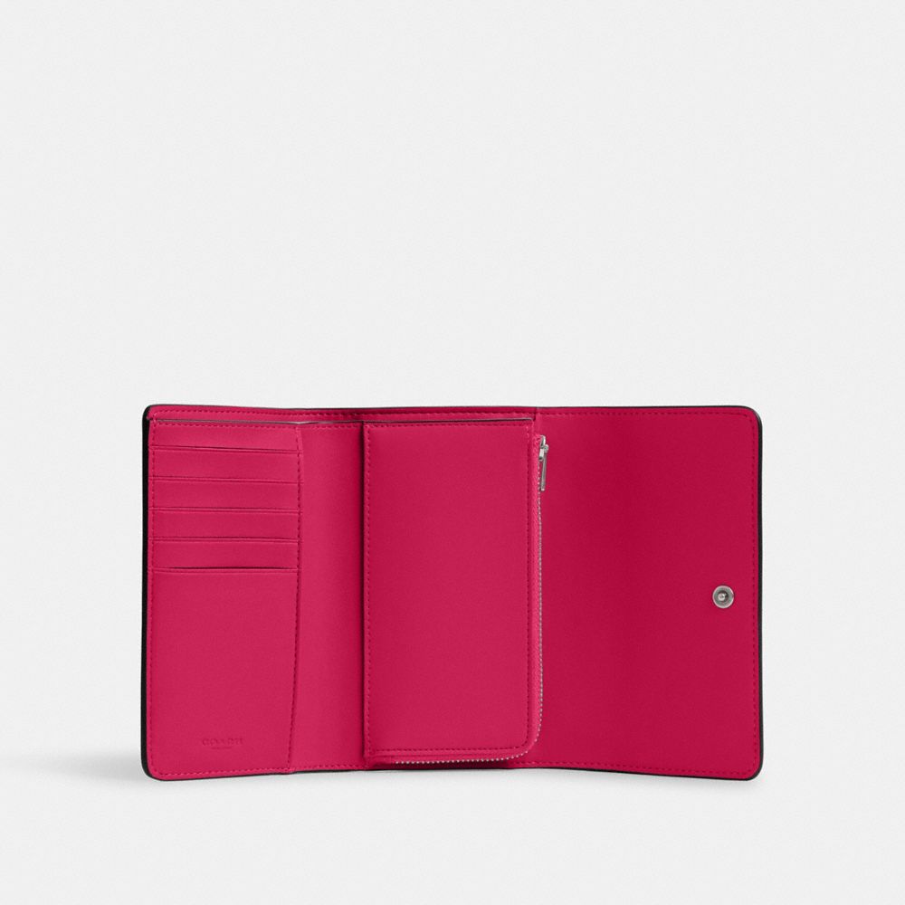 COACH®,Essential Medium Flap Wallet,Leather,Tri Fold,Metal,Logo,Casual,Fuchsia,Inside View,Top View