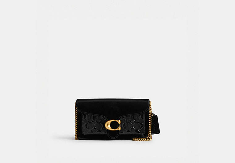COACH®,TABBY CHAIN CLUTCH IN SIGNATURE LEATHER,Patent Leather,Mini,Brass/Black,Front View