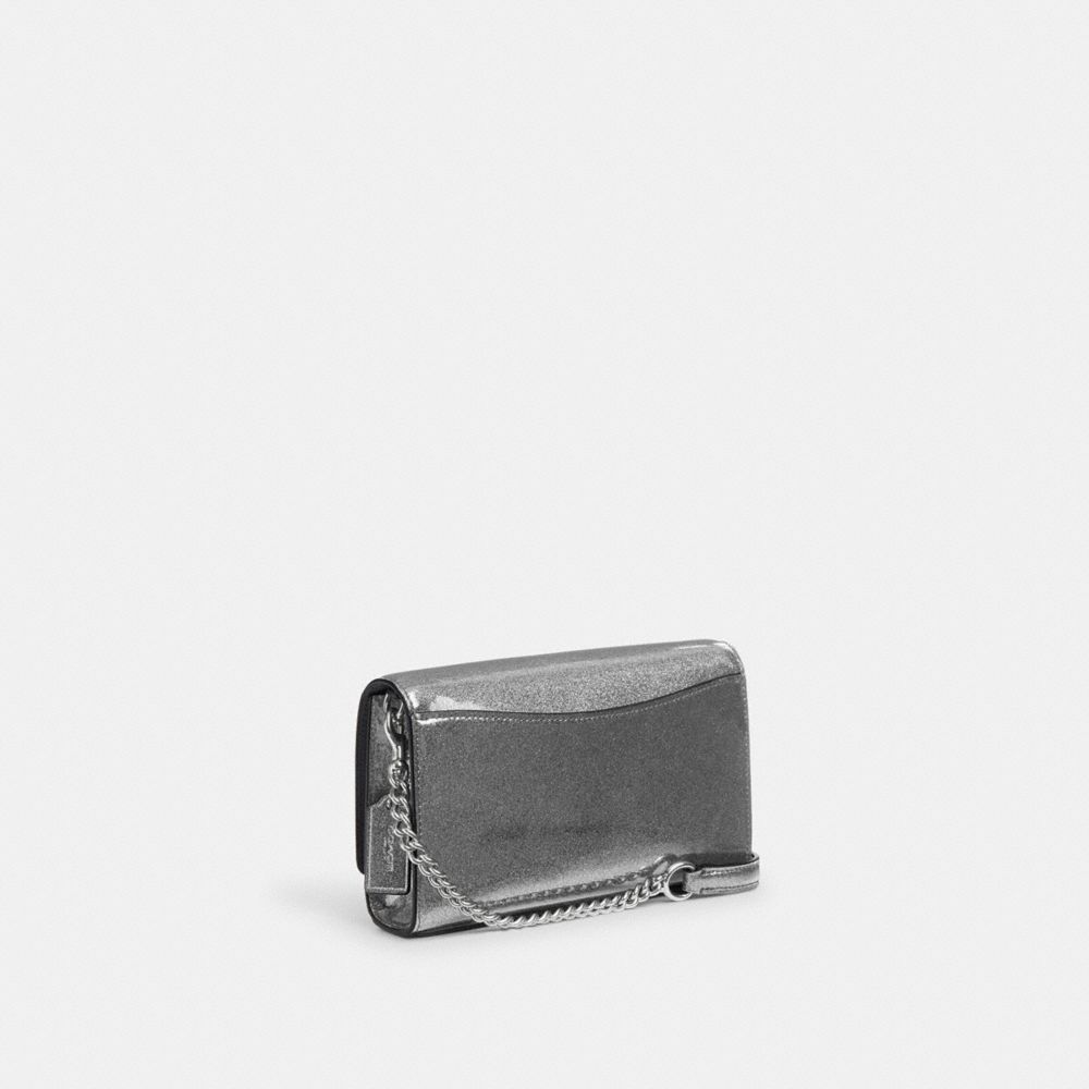 COACH®,FLAP CLUTCH CROSSBODY,Leather,Mini,Silver/Gunmetal,Angle View