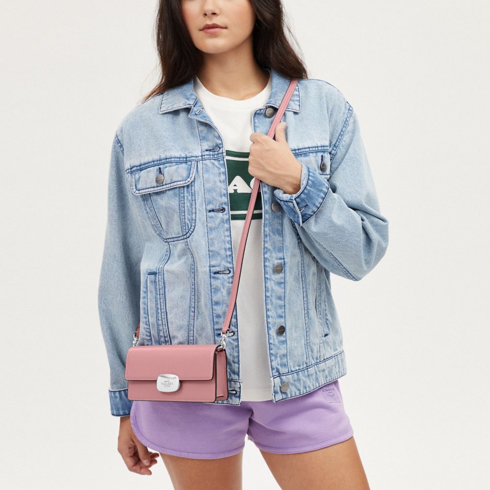 COACH®,Eliza Small Flap Crossbody,Calfskin Leather,Clutch,Crossbody,Logo,Gold Metal,Casual,Pink,Detail View