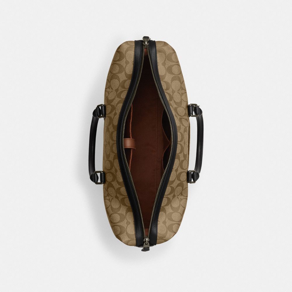 COACH®,Ellery Small Duffle Bag In Signature Canvas,Leather,Duffle Bag,Logo,Stripe,Color Block,Travel,Brown,Inside View,Top View