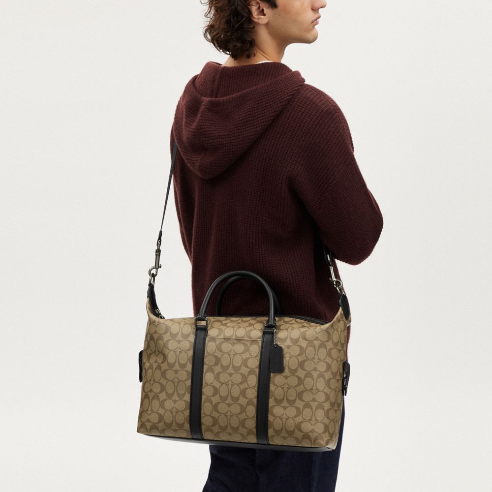 COACH®,Ellery Small Duffle Bag In Signature Canvas,Leather,Duffle Bag,Logo,Stripe,Color Block,Travel,Brown,Detail View