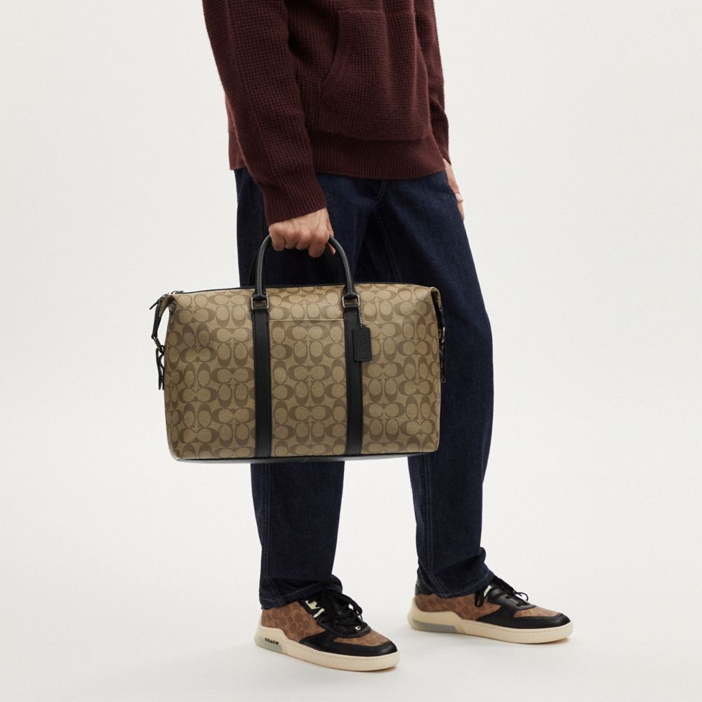 COACH®,Ellery Small Duffle Bag In Signature Canvas,Leather,Duffle Bag,Logo,Stripe,Color Block,Travel,Brown,Detail View