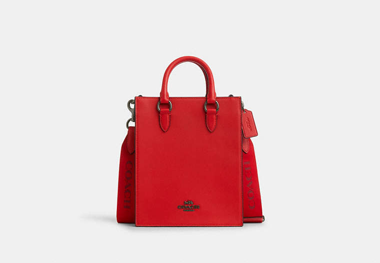 COACH®,DYLAN TOTE IN COLORBLOCK SIGNATURE CANVAS,Silk,Medium,Black Antique Nickel/Bright Poppy/Charcoal,Front View