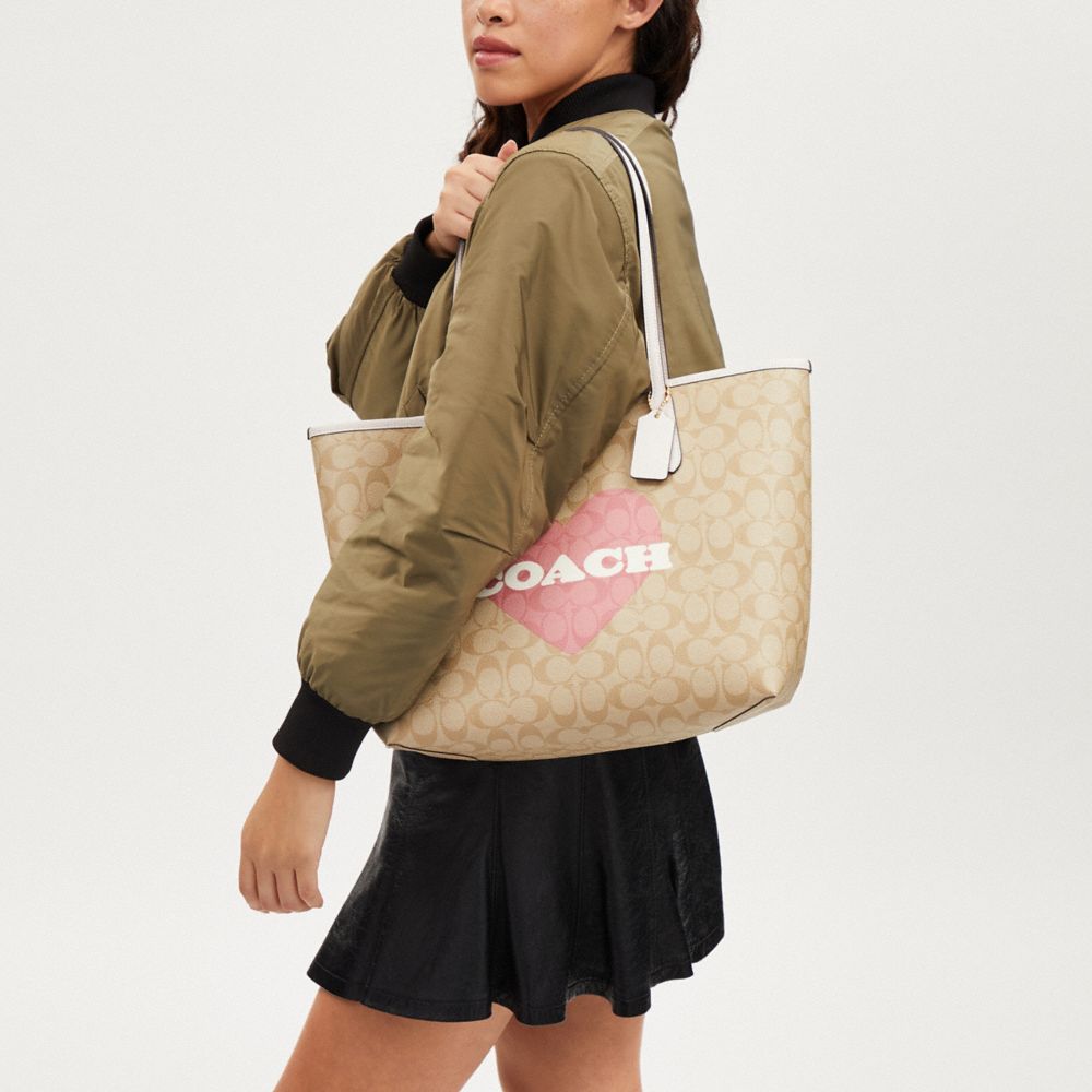 COACH®,City Tote Bag In Signature Canvas With Heart Print,,Detail View