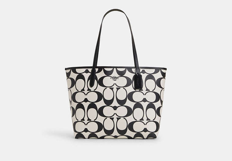 COACH®,CITY TOTE BAG IN SIGNATURE CANVAS,canvas,X-Large,Silver/Chalk Multi,Front View