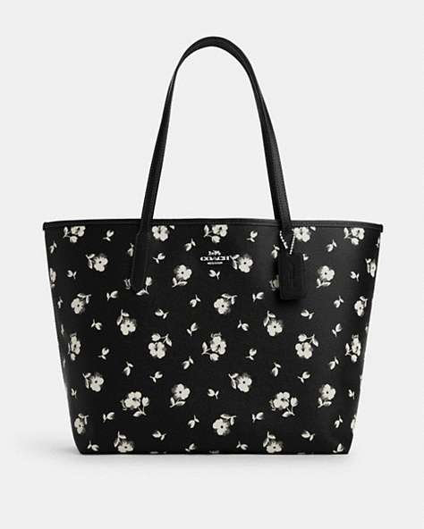 COACH®,CITY TOTE BAG WITH FLORAL PRINT,pvc,X-Large,Silver/Black Multi,Front View