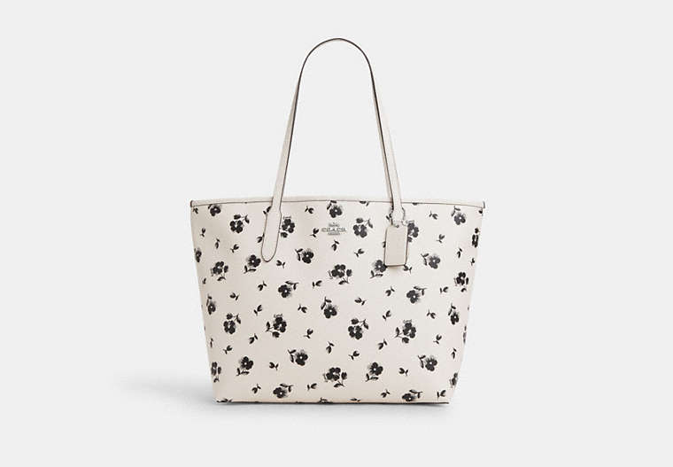 COACH®,CITY TOTE BAG WITH FLORAL PRINT,pvc,X-Large,Silver/Chalk Multi,Front View