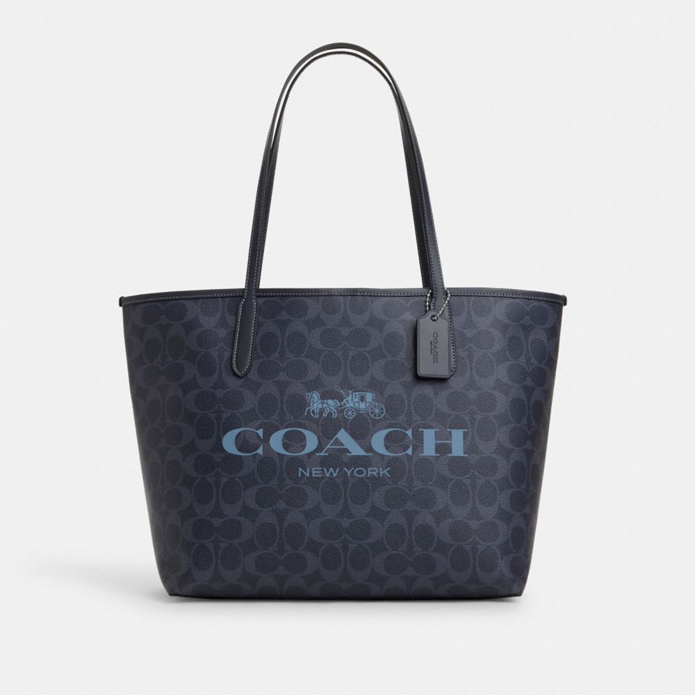 COACH®,CITY TOTE BAG IN SIGNATURE CANVAS,Signature Canvas,Silver/Denim/Midnight Navy,Front View