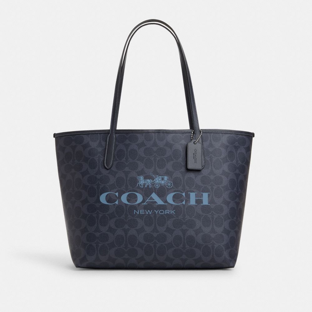 COACH®,CABAS DE VILLE EN TOILE SIGNATURE,Toile enduite,Argent/Denim/Bleu marine minuit,Front View