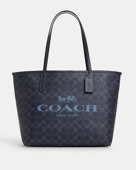 COACH®,CITY TOTE IN SIGNATURE CANVAS,Coated Canvas,X-Large,Silver/Denim/Midnight Navy,Front View