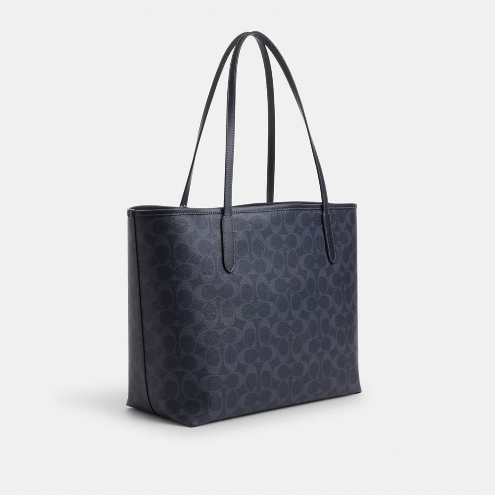 COACH®,CITY TOTE BAG IN SIGNATURE CANVAS,Signature Canvas,Silver/Denim/Midnight Navy,Angle View