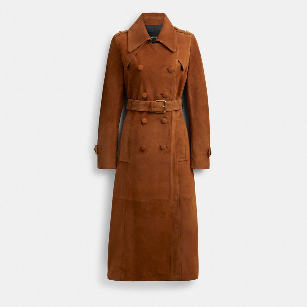 COACH®,HERITAGE C SUEDE TRENCH COAT,Saddle,Front View image number 0