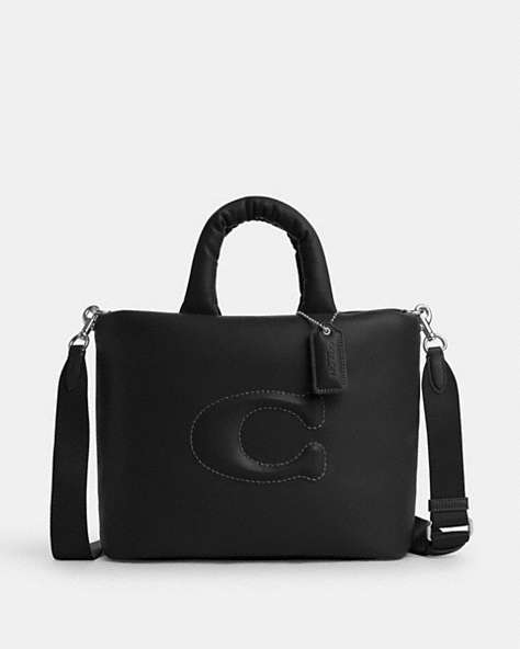 COACH®,PILLOW TOTE,Leather,Large,Silver/Black,Front View