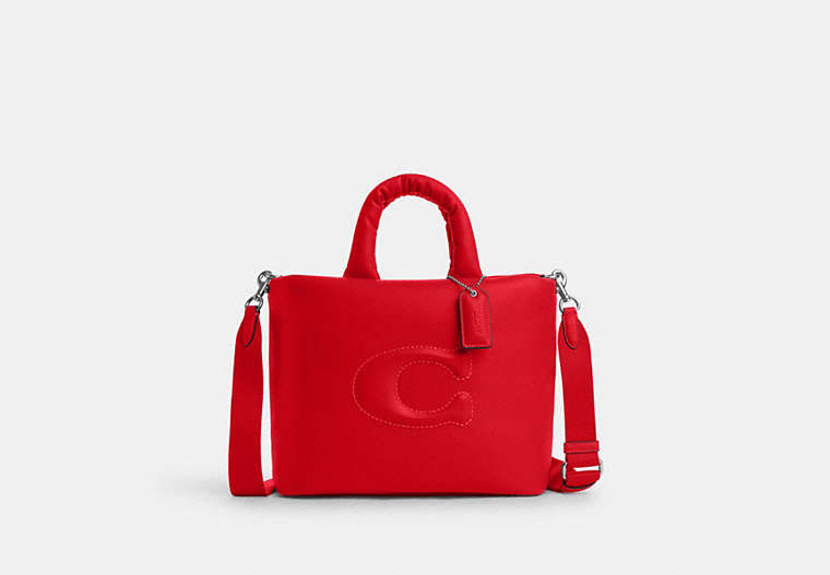 COACH®,PILLOW TOTE,Leather,Large,Silver/Bright Poppy,Front View