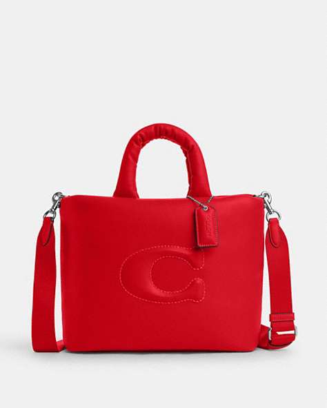 COACH®,PILLOW TOTE BAG,Leather,Large,Silver/Bright Poppy,Front View