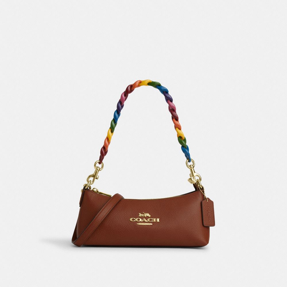 COACH®,CHARLOTTE SHOULDER BAG,Novelty Leather,Small,Gold/Redwood Multi,Front View