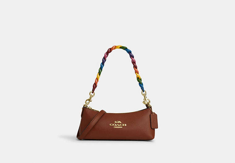 COACH®,CHARLOTTE SHOULDER BAG,Leather,Small,Gold/Redwood Multi,Front View image number 0