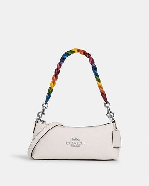 COACH®,CHARLOTTE SHOULDER BAG,Leather,Small,Silver/Chalk Multi,Front View