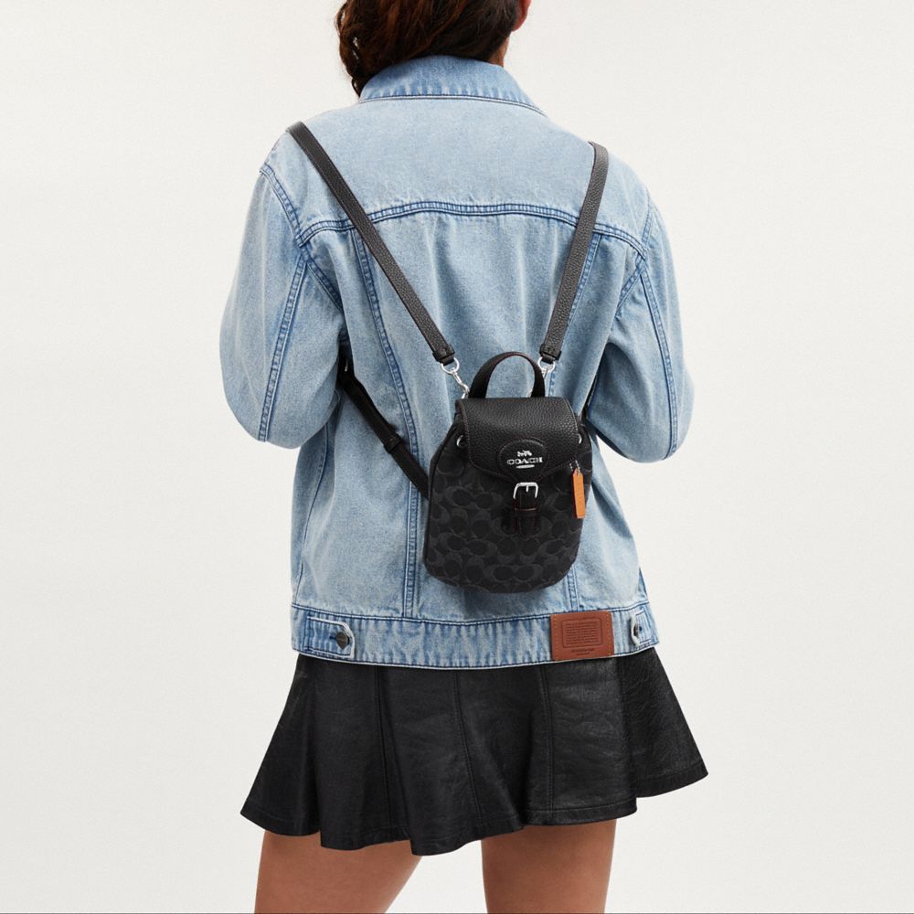 COACH®,Amelia Convertible Backpack In Signature Denim,Leather,Denim,Backpack,Logo,Casual,Black,Detail View