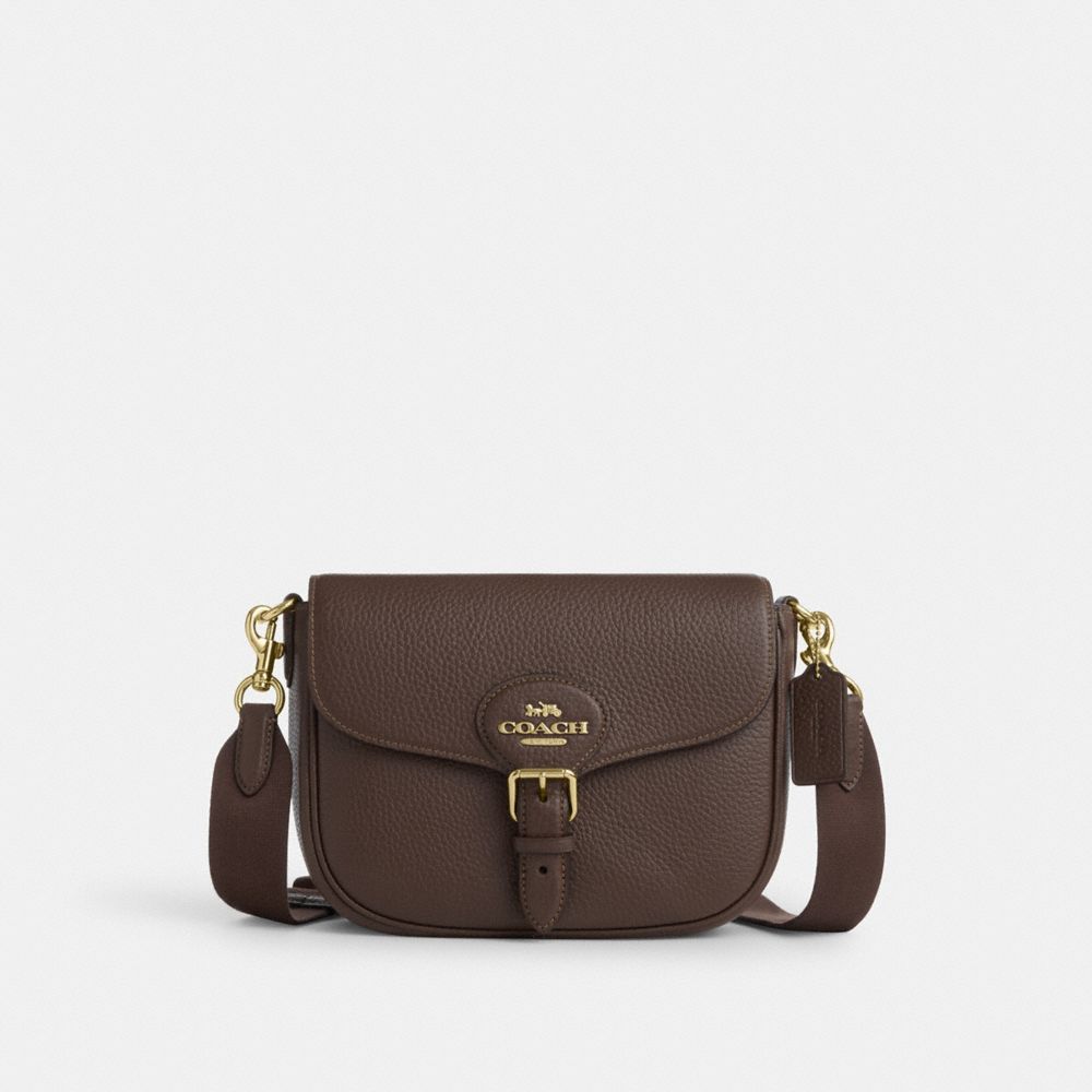 COACH®,SAC DE SELLE AMELIA,Cuir galet,Or/Brun,Front View