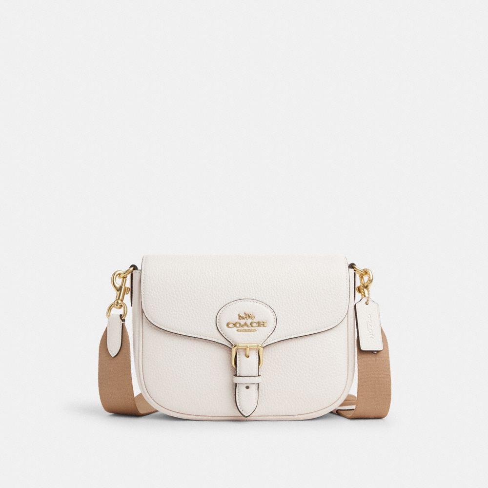 COACH®,AMELIA SADDLE BAG,Pebbled Leather,Medium,Gold/Chalk,Front View