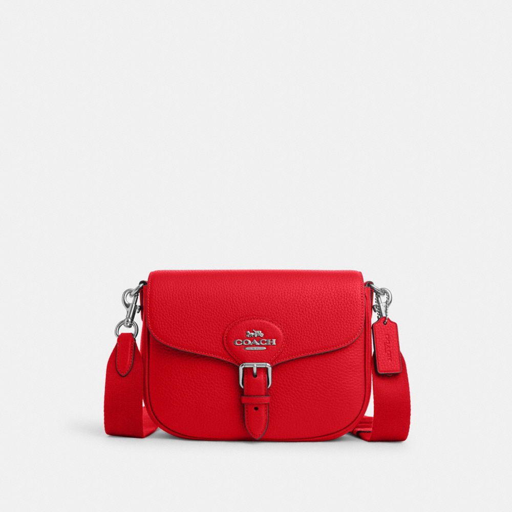 COACH®,AMELIA SADDLE BAG,Pebbled Leather,Medium,Silver/Bright Poppy,Front View