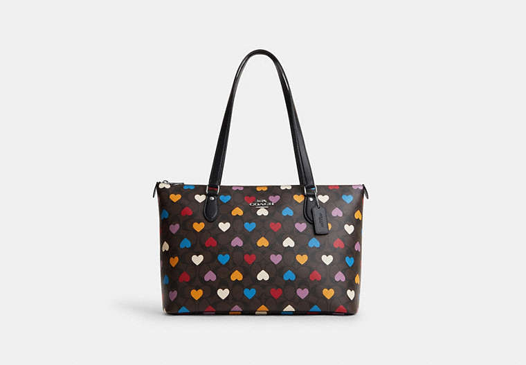 COACH®,GALLERY TOTE IN SIGNATURE CANVAS WITH HEART PRINT,Denim,X-Large,Silver/Brown Black Multi,Front View