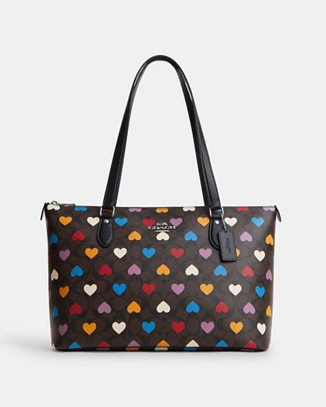 COACH®,GALLERY TOTE BAG IN SIGNATURE CANVAS WITH HEART PRINT,Denim,Large,Silver/Brown Black Multi,Front View