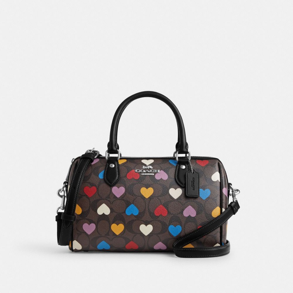 COACH®,ROWAN SATCHEL BAG IN SIGNATURE CANVAS WITH HEART PRINT,Signature Canvas,Medium,Silver/Brown Black Multi,Front View