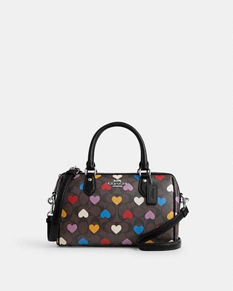 COACH®,ROWAN SATCHEL BAG IN SIGNATURE CANVAS WITH HEART PRINT,Medium,Silver/Brown Black Multi,Front View