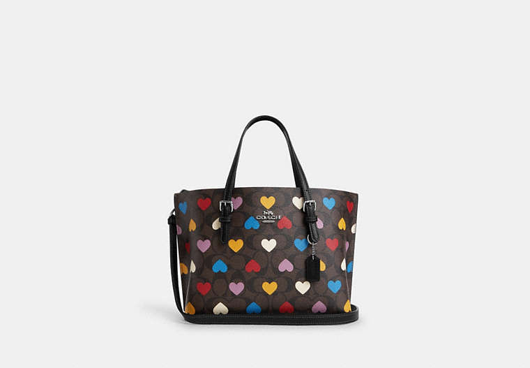 COACH®,MOLLIE TOTE 25 IN SIGNATURE CANVAS WITH HEART PRINT,pvc,Medium,Silver/Brown Black Multi,Front View