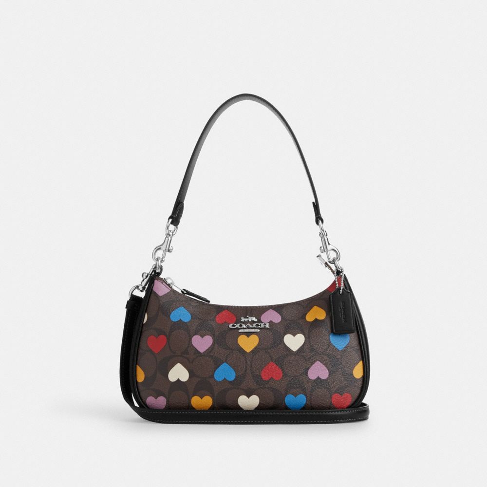 COACH®,TERI SHOULDER BAG IN SIGNATURE CANVAS WITH HEART PRINT,Signature Canvas,Medium,Silver/Brown Black Multi,Front View