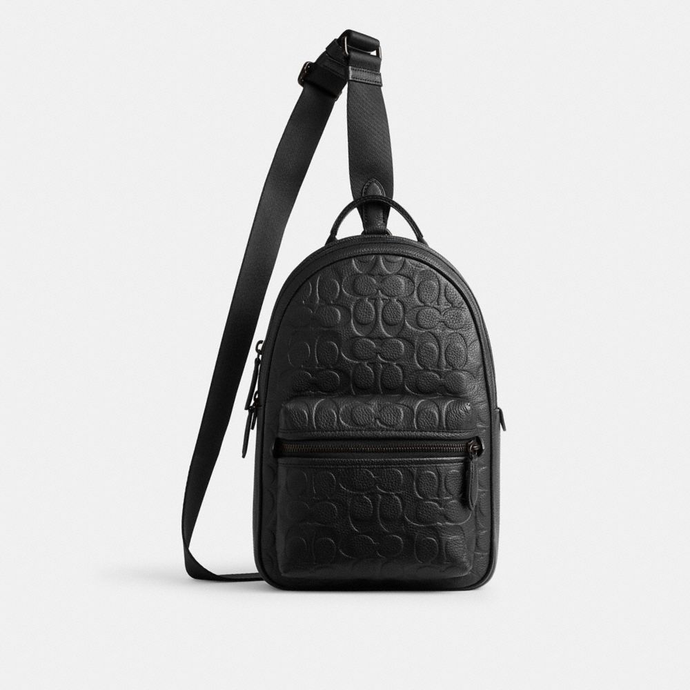 COACH®,CHARTER PACK IN SIGNATURE LEATHER,Polished Pebble Leather,Medium,Black,Front View