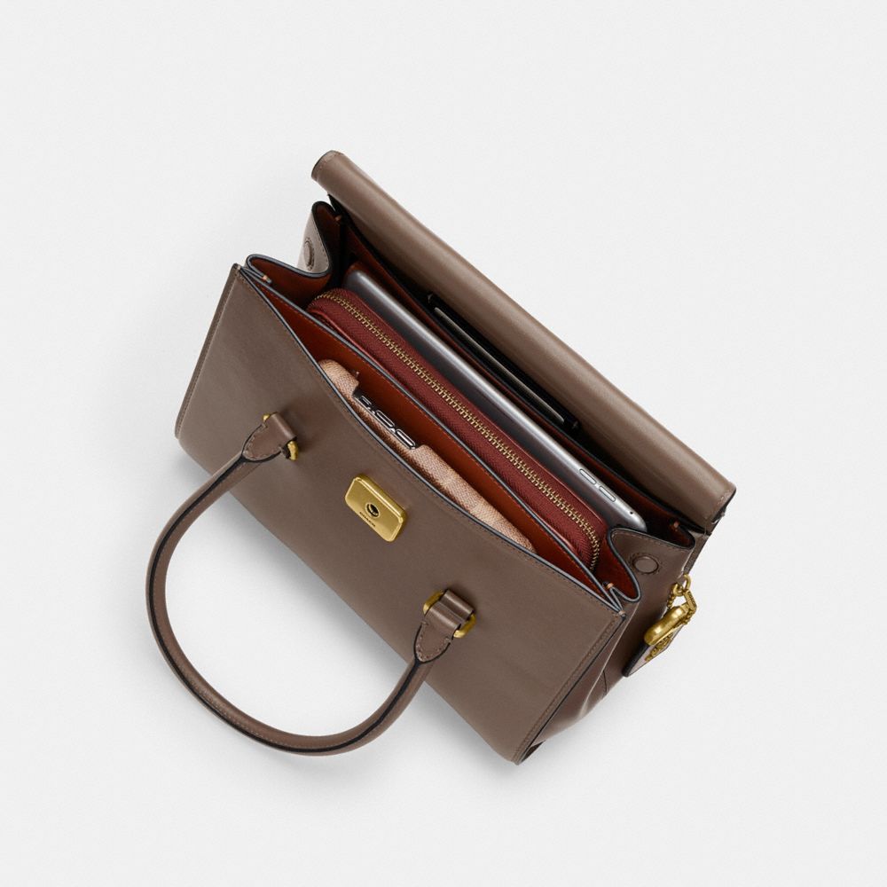 COACH®,Broome Carryall Bag,Calfskin Leather,Satchel,Metal,Logo,Day Party,Work,Brown,Inside View,Top View