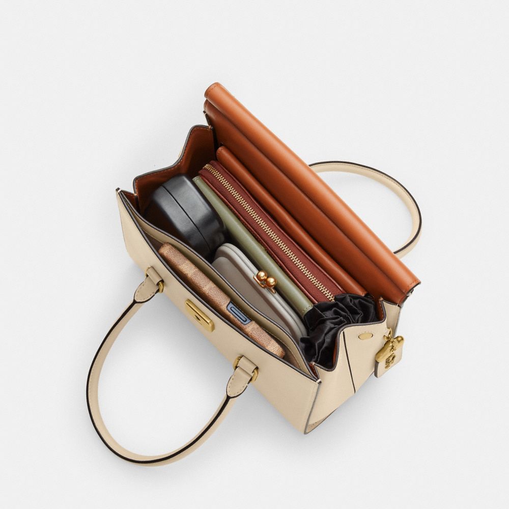 COACH®,Broome Carryall Bag,Calfskin Leather,Satchel,Metal,Logo,Day Party,Work,Beige,Inside View,Top View