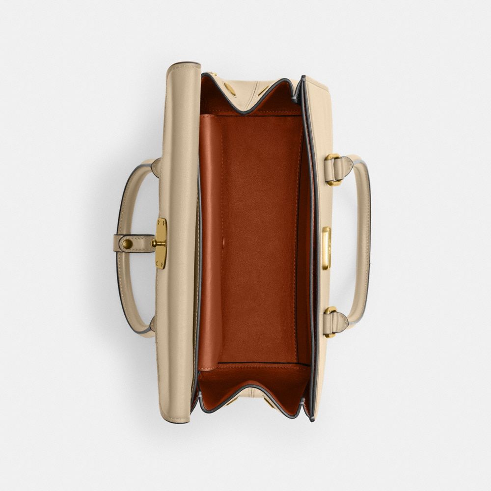 COACH®,Broome Carryall Bag,Calfskin Leather,Satchel,Metal,Logo,Day Party,Work,Beige,Inside View,Top View