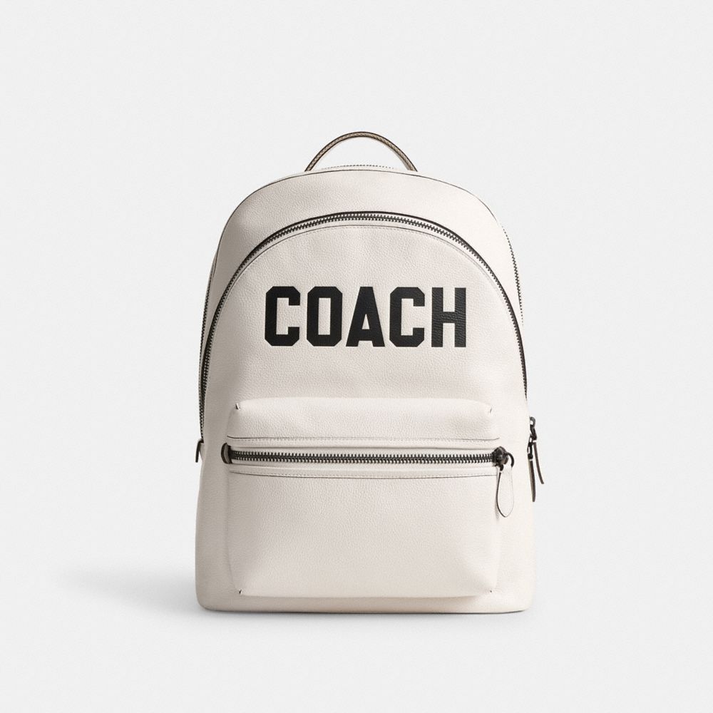 COACH®,CHARTER BACKPACK WITH COACH GRAPHIC,Polished Pebble Leather,X-Large,Chalk Multi,Front View