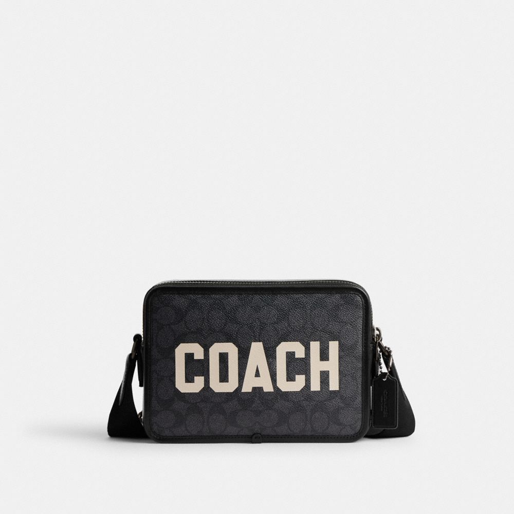 COACH®,CHARTER CROSSBODY BAG 24 IN SIGNATURE CANVAS WITH COACH GRAPHIC,Signature Coated Canvas/Leather,Medium,Charcoal Multi,Front View image number 0